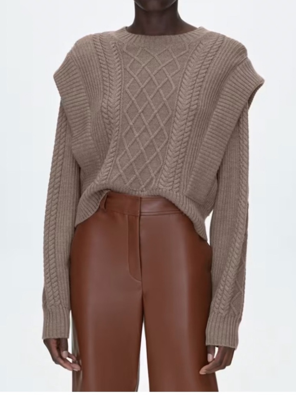 🤎🩶 Aritzia Babaton Seek Sweater 100% Merino Wool Cable Knit Taupe L Minimalist